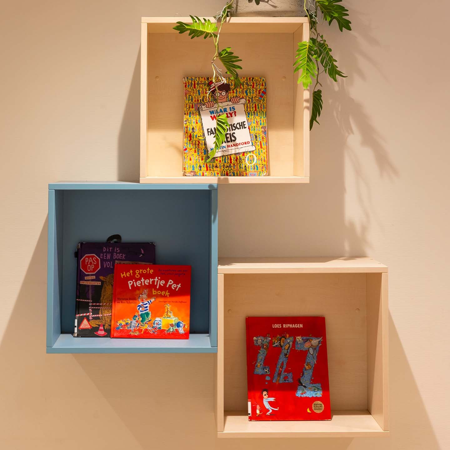 Drie vierkante houten wandkasten met kleurrijke kinderboeken en een hangplant op de bovenste plank.